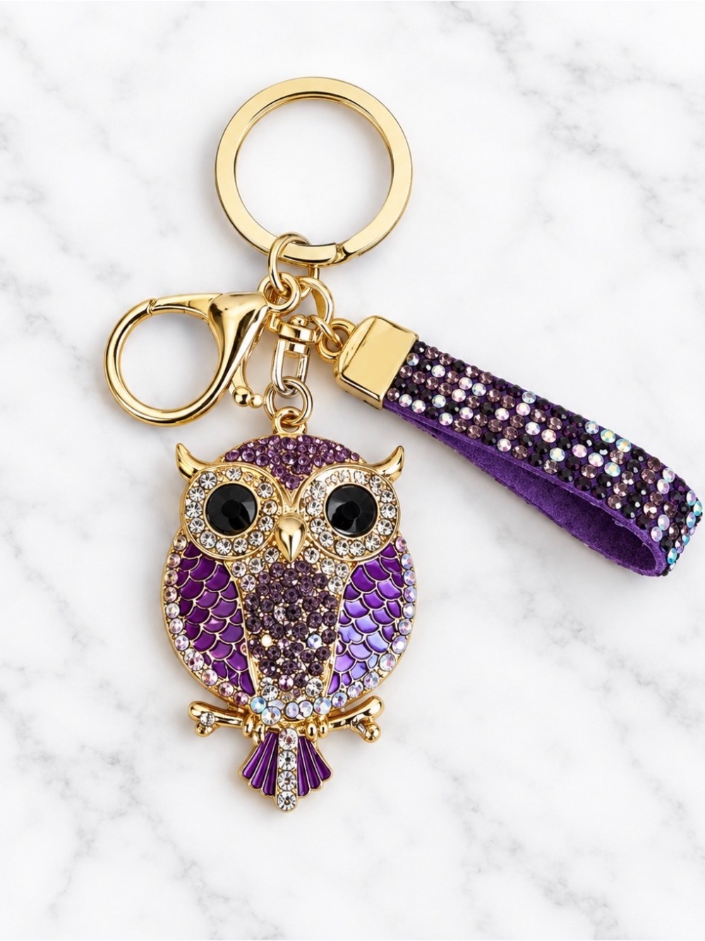 Bag Charm/Keyring-Purple/White Rhinestoned Owl Charm With Gold Hardware